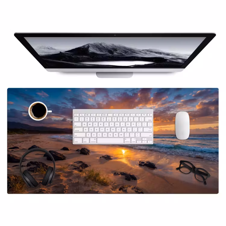 Strand - Zonsondergang - Golven - Natuur - Oranje Muismat XXL klein -3d