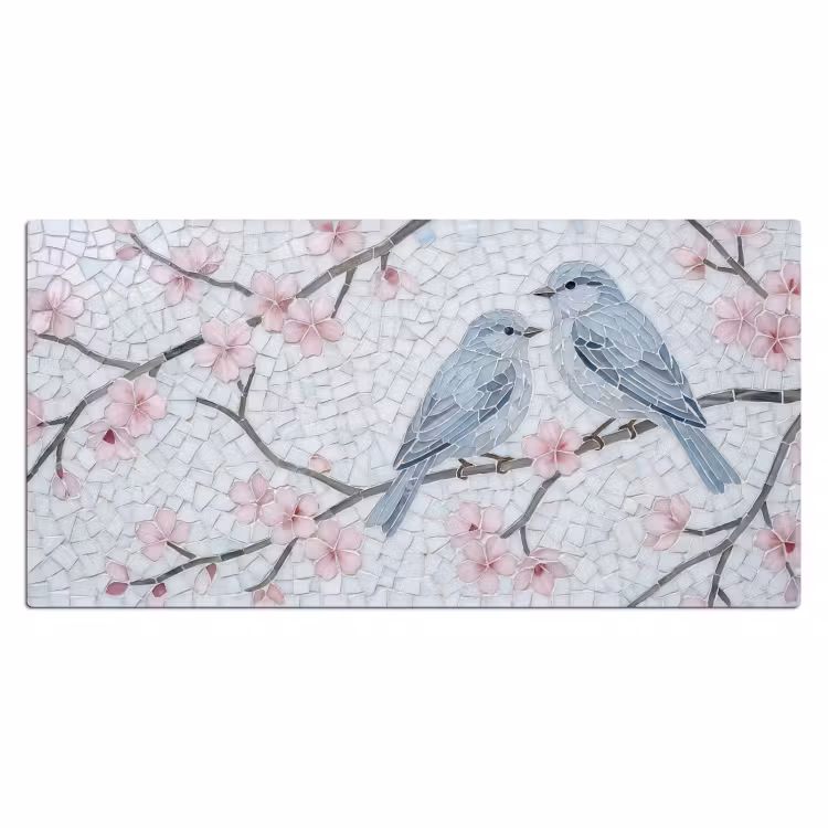 Vogel - Bloemen - Natuur - Mozaïek - Roze Muismat XXL klein -3d_leeg