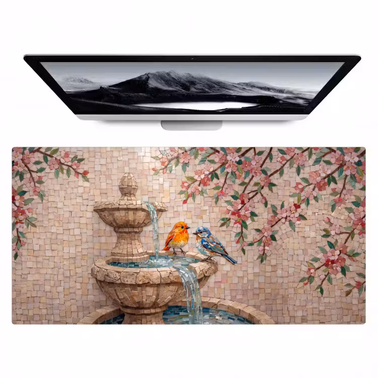 Vogel - fontein - mozaiek - kleurrijk - dieren Muismat XXL klein -zzz3d