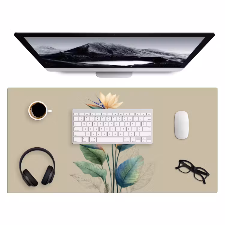 Paradijsvogelbloemen - Blauwgroene bladeren - Beige Muismat XXL klein -3d