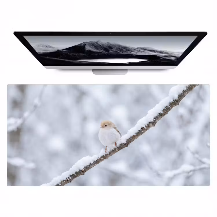 Vogeltje - Sneeuw - Tak - Winter - Zacht Muismat XXL klein -zzz3d