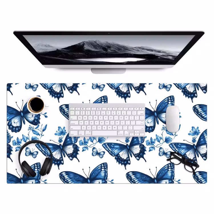 Blauw - Vlinders - Bloemen - Wit Muismat XXL klein 681 -3d