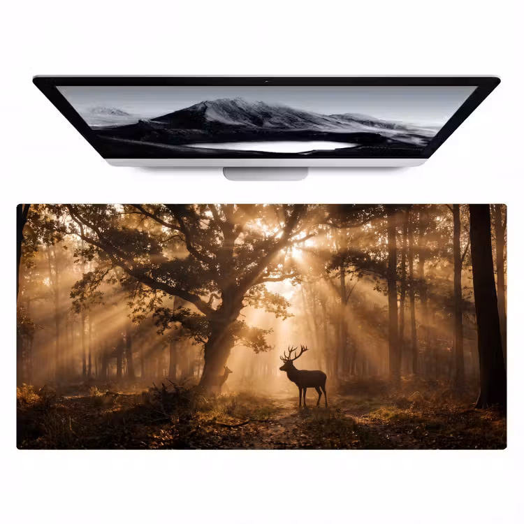 Hert - Bos - Mistig - Natuur - Goud Muismat XXL klein -zzz3d