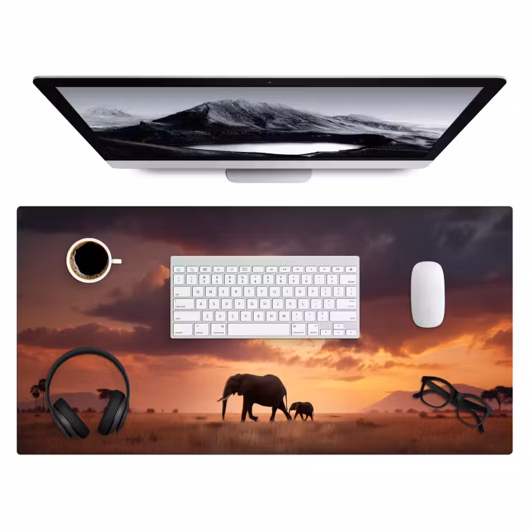 Olifanten - Grasland - Zonsondergang Muismat XXL klein -3d