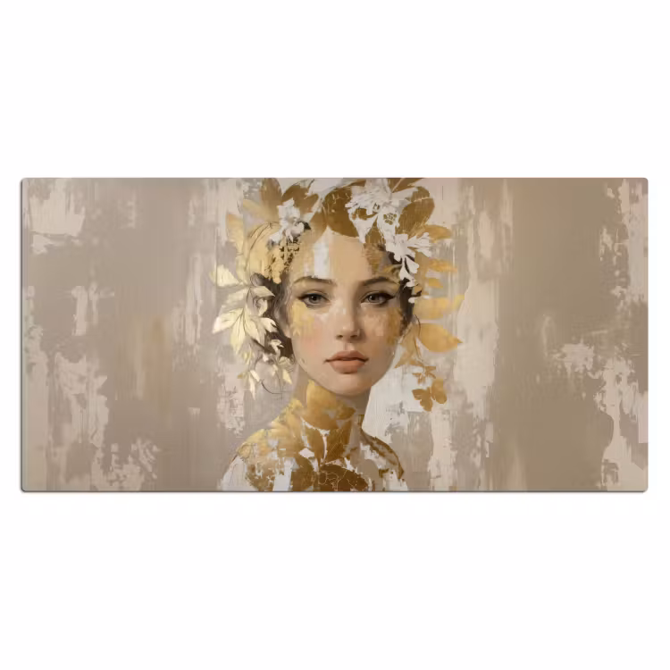 Gezicht - Vrouw - Bladeren - Goud Muismat XXL klein -3d_leeg