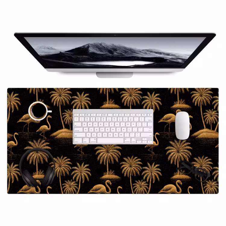 Flamingo - Palmbomen - Tropisch - Goud - Zwart Muismat XXL klein 681 -3d