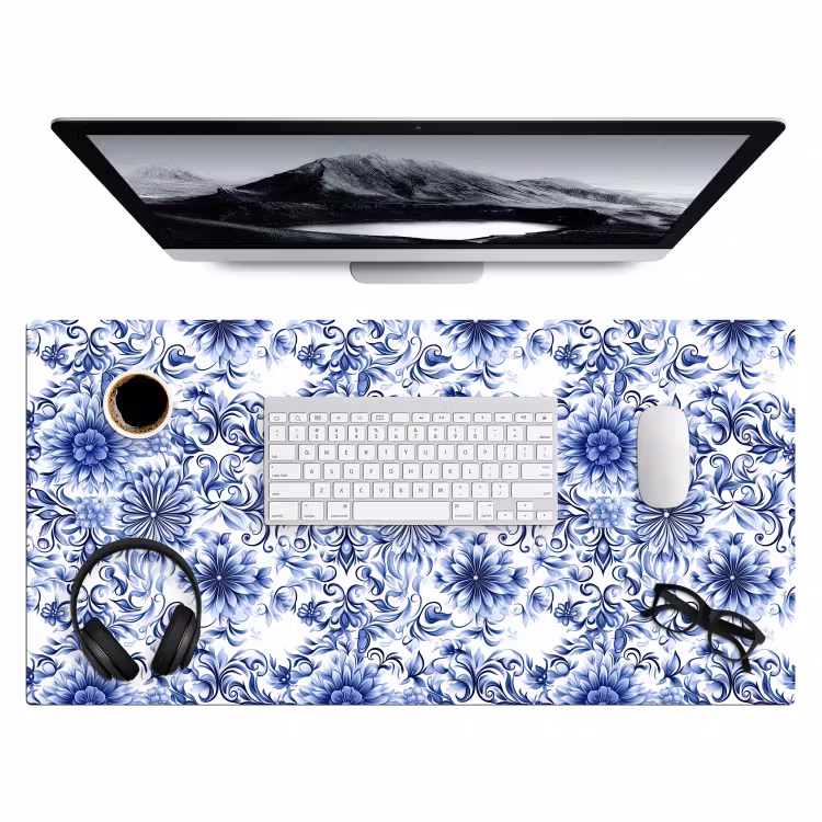 Bloemen - Blauw - Patroon - Wit Muismat XXL klein 681 -3d