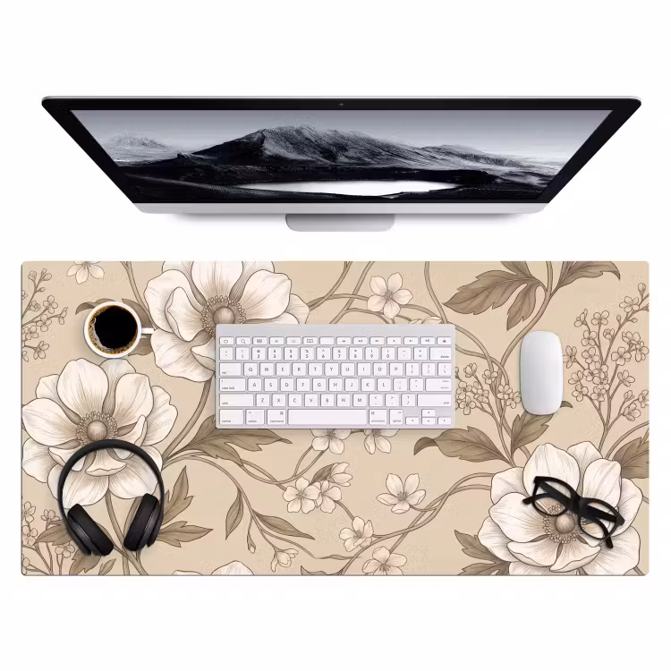 Bloemen - Patroon - Beige Muismat XXL klein -3d