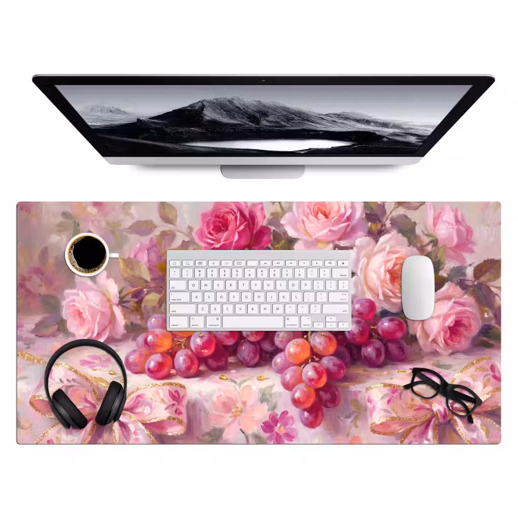 Eten - Bloemen - Stilleven - Roze - Goud Muismat XXL klein -3d