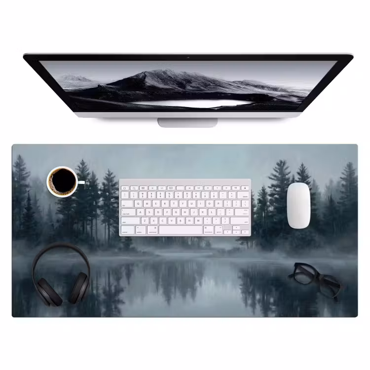 Bos - Meer - Mist - Natuur - Grijs Muismat XXL klein -3d