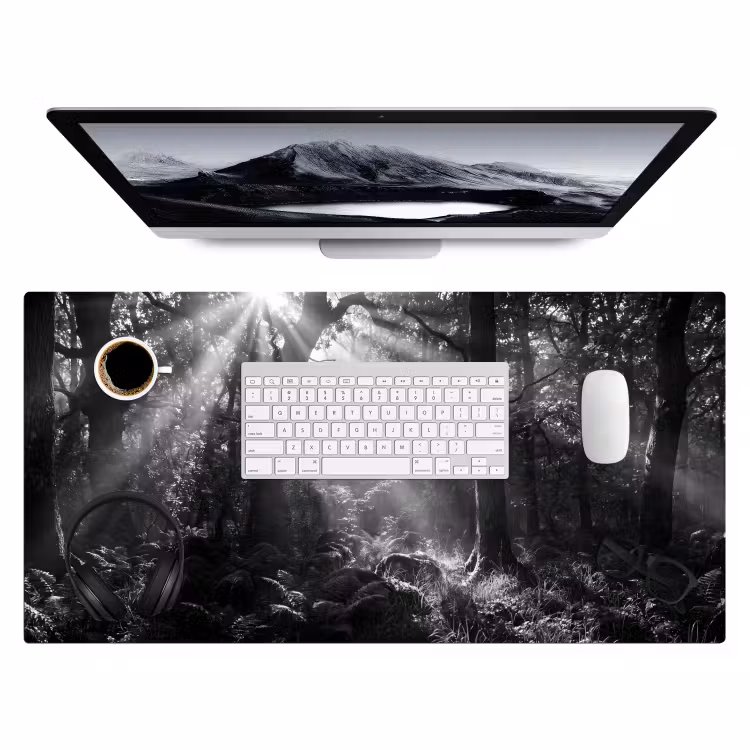 Bos - Lichtstralen - Natuur - Zwart-wit Muismat XXL klein -3d