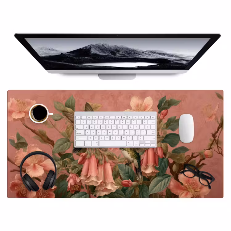 Kolibries - Bloemen - Groen - Roze Muismat XXL klein -3d