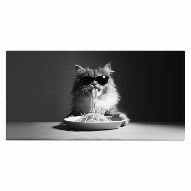 Langharige kat - Zonnebril - Spaghetti - Humor - Zwart - wit Muismat XXL klein -3d_leeg