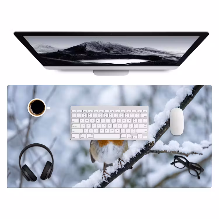 Roodborstje - Tak - Sneeuw - Winter - Levendig Muismat XXL klein -3d