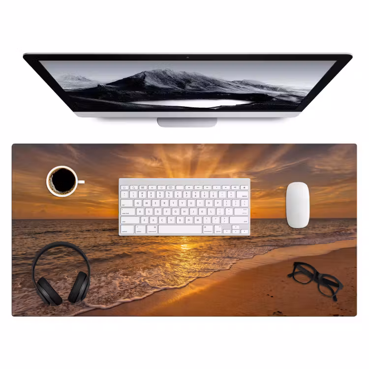 Zee - Zonsondergang - Golven - Kust - Oranje Muismat XXL klein -3d