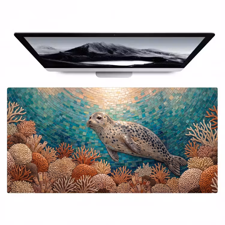 Zeehond - Mozaïek - Onderwater - Dieren - Blauw Muismat XXL klein -zzz3d