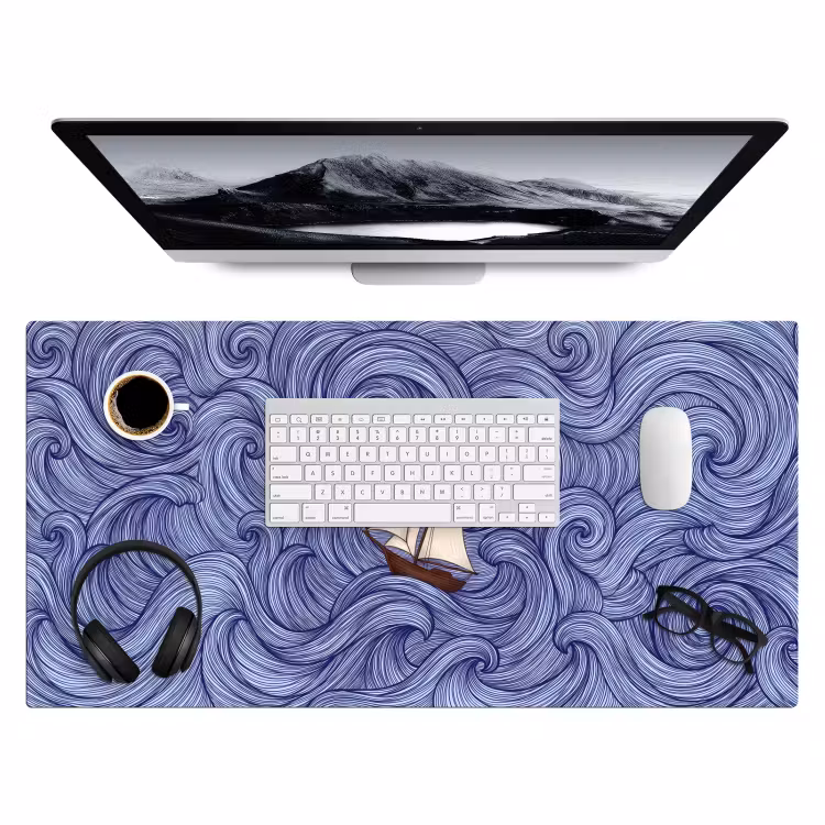 Schip - Golven - Zee - Illustratie - Blauw Muismat XXL klein -3d