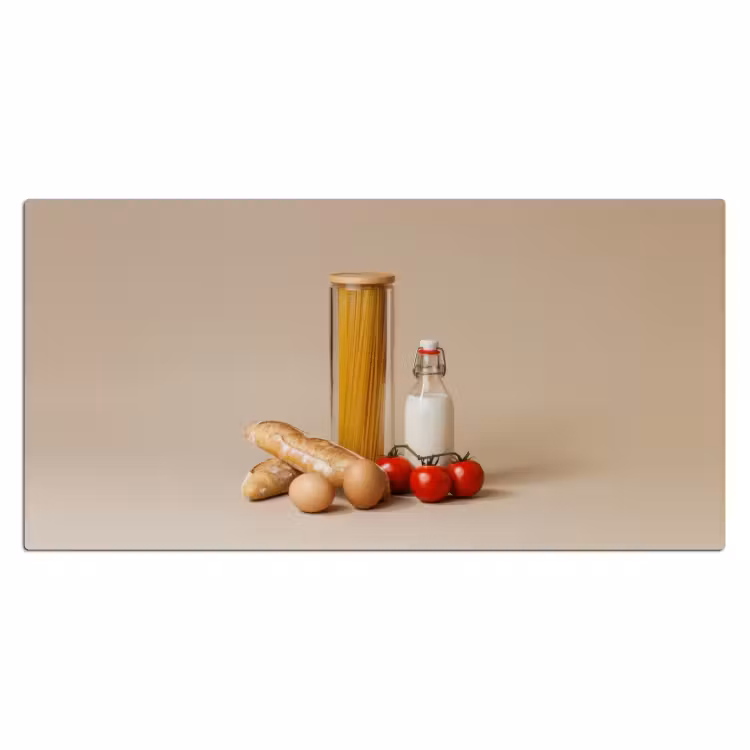 Spaghetti - Melk - Tomaten - Eieren - Brood Muismat XXL klein -3d_leeg
