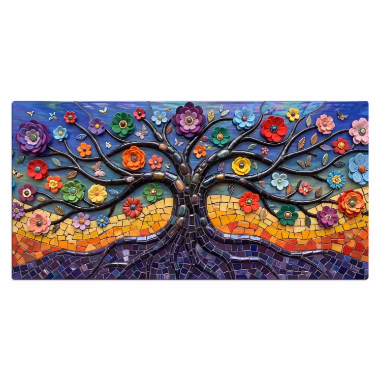 Levensboom - Mozaïek - Bloemen - Kleurrijk - Vrolijk Muismat XXL klein -3d_leeg
