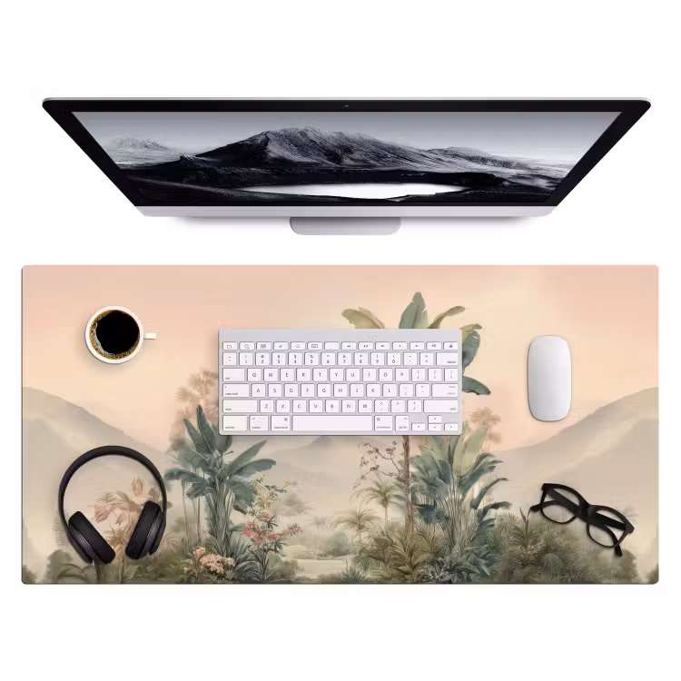 Tropisch landschap - palmbomen - Bloemen - Roze lucht Muismat XXL klein -3d