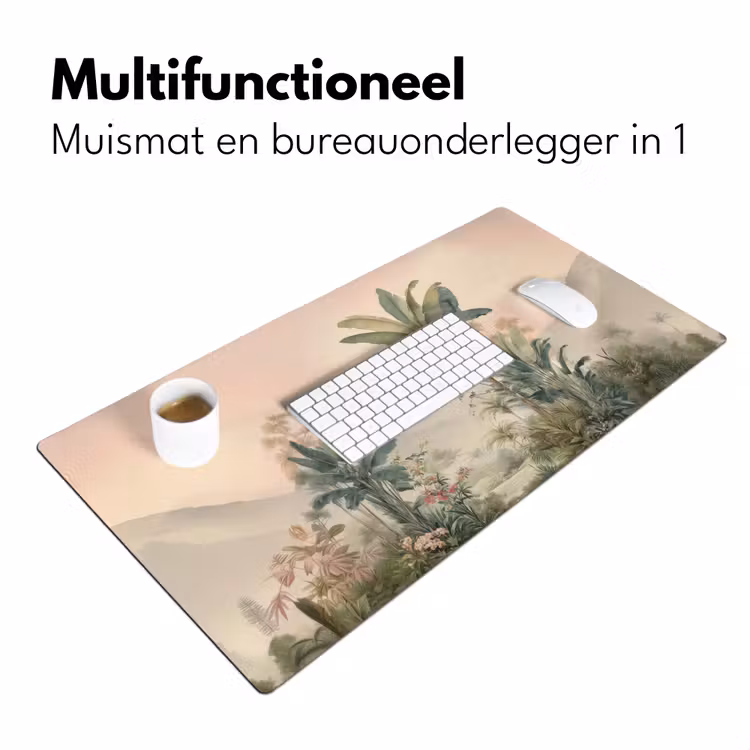 Tropisch landschap - palmbomen - Bloemen - Roze lucht Muismat XXL klein -sfeer4