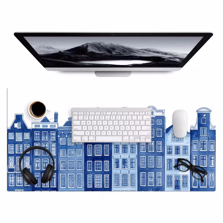 Aquarel - Grachtenpanden - Delfts - Blauw Muismat XXL klein -3d