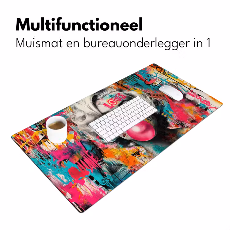 Vrouw - Kauwgom - Graffiti - Neonkleuren Muismat XXL klein -sfeer4