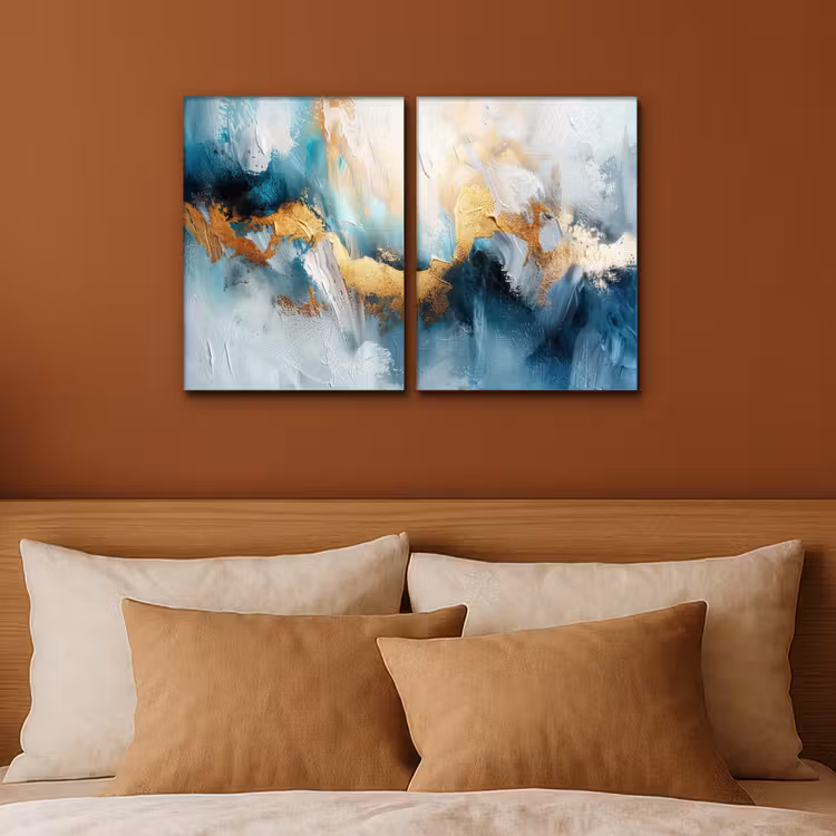 Blauw - Abstract - Wit - Goud - Verf Canvas - Meerluiken 2 luik klein -sfeer2