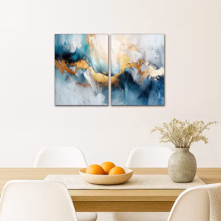 Blauw - Abstract - Wit - Goud - Verf Canvas - Meerluiken 2 luik klein -sfeer4