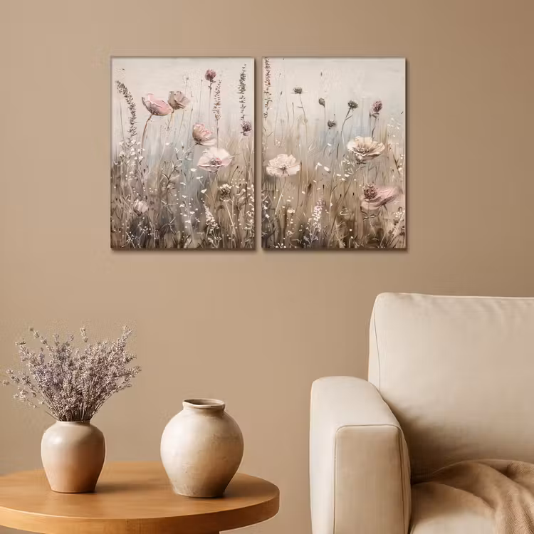 Bloemen - Beige - Modern - Roze Canvas - Meerluiken 2 luik klein -sfeer1