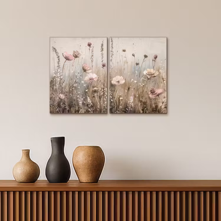 Bloemen - Beige - Modern - Roze Canvas - Meerluiken 2 luik klein -sfeer3