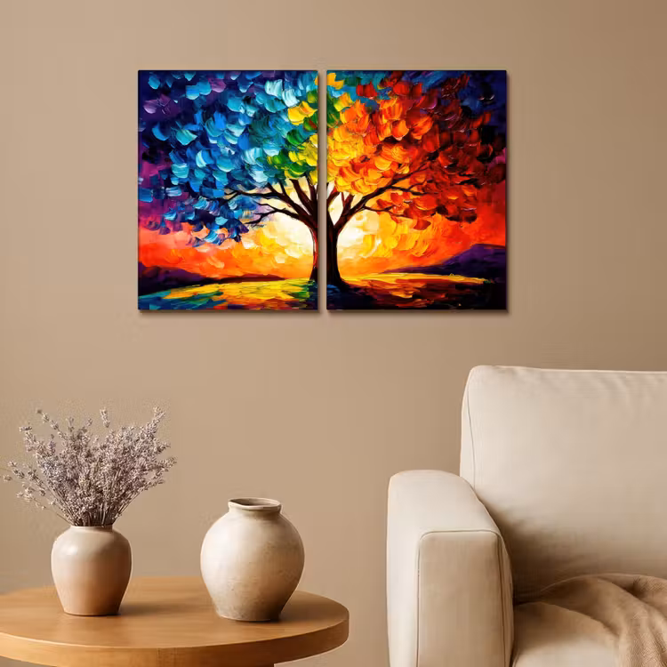 Boom - Kleurrijk - Verflook - Abstract Canvas - Meerluiken 2 luik klein -sfeer1