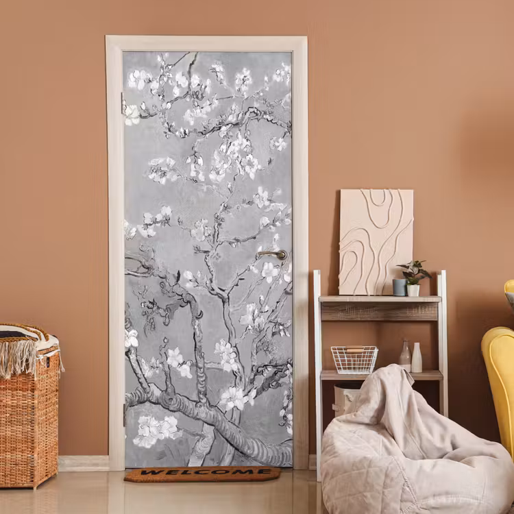 Amandelbloesem - Kunst - Van Gogh - Grijs deurposter klein -sfeer1