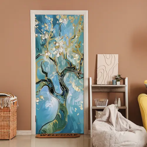Amandelbloesem boom - Blauw - Abstract deurposter klein -sfeer1