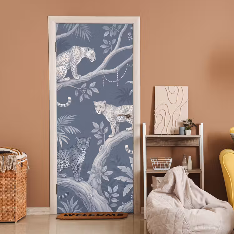 Dieren - Jungle - Illustratie - Bomen - Blauw deurposter klein -sfeer1