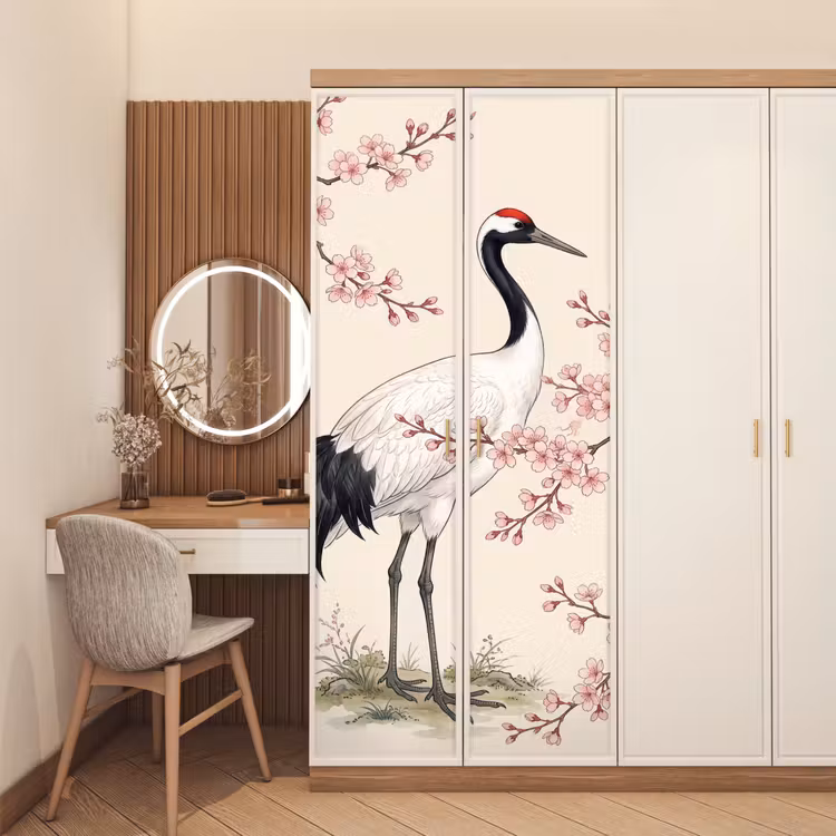 Aziatisch - Kraanvogel - Beige deurposter klein -sfeer3
