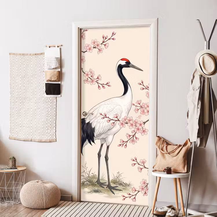 Aziatisch - Kraanvogel - Beige deurposter klein -sfeer6