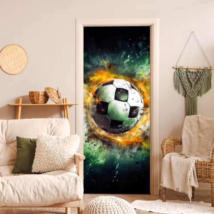 Bal - Voetbal - Groen - Oranje - Rook deurposter klein -sfeer2