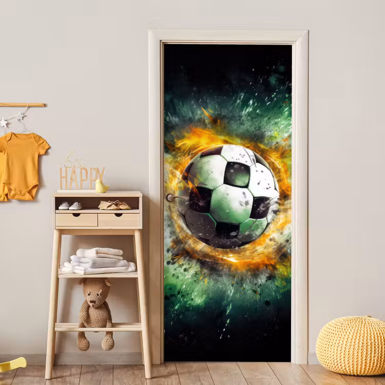 Bal - Voetbal - Groen - Oranje - Rook deurposter klein -sfeer4