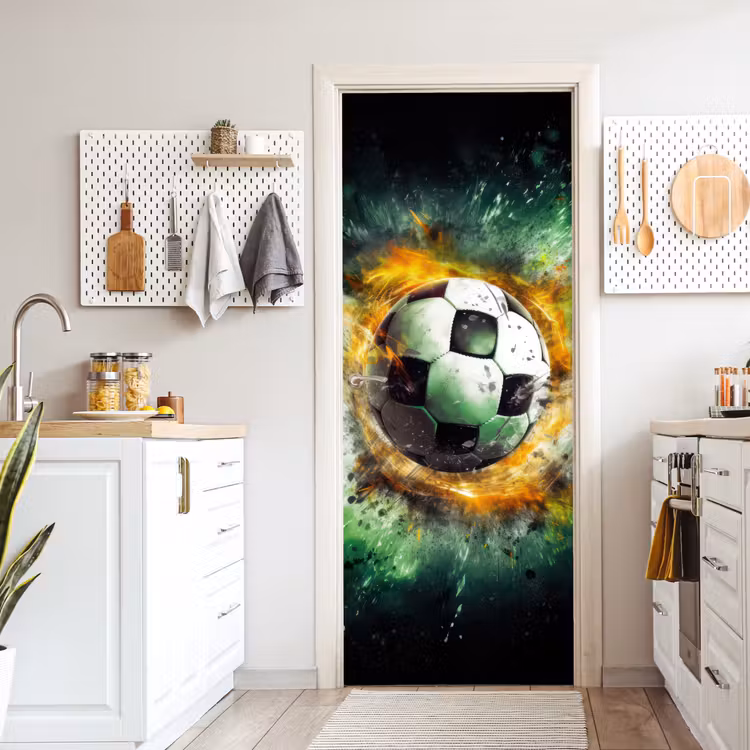 Bal - Voetbal - Groen - Oranje - Rook deurposter klein -sfeer5