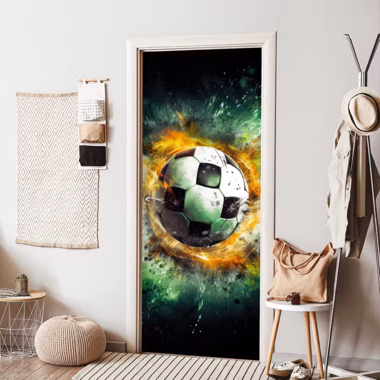 Bal - Voetbal - Groen - Oranje - Rook deurposter klein -sfeer6