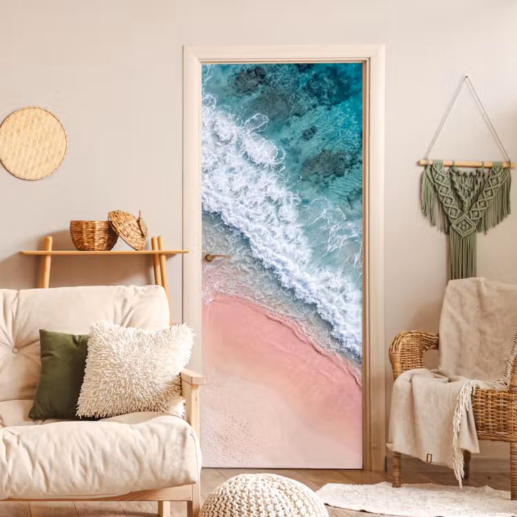 Strand - Oceaan - Golven - Roze Zand - Natuur deurposter klein -sfeer2