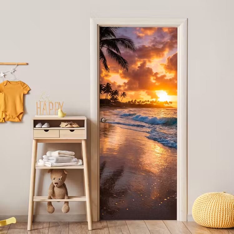 Strand - Zonsopgang - Tropisch - Natuur - Oranje deurposter klein -sfeer4