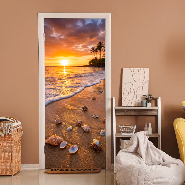 Strand - Zonsondergang - Palmbomen - Natuur - Oranje deurposter klein -sfeer1