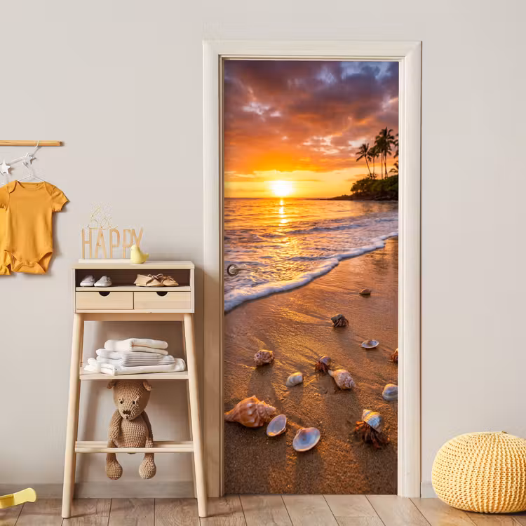 Strand - Zonsondergang - Palmbomen - Natuur - Oranje deurposter klein -sfeer4