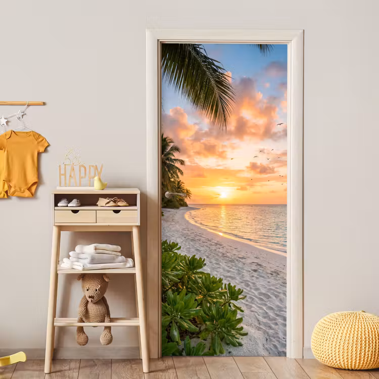 Strand - Zonsondergang - Palmbomen - Tropisch - Natuur deurposter klein -sfeer4