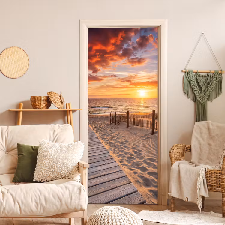 Strand - Zonsondergang - Zee - Natuur - Oranje deurposter klein -sfeer2
