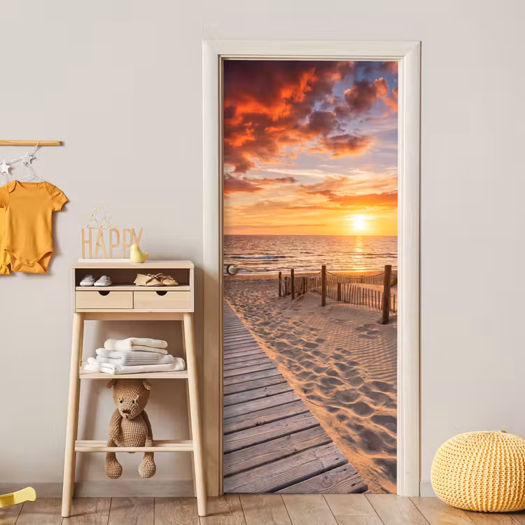 Strand - Zonsondergang - Zee - Natuur - Oranje deurposter klein -sfeer4
