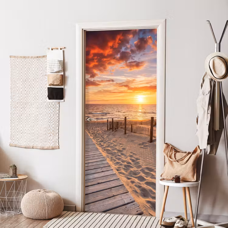 Strand - Zonsondergang - Zee - Natuur - Oranje deurposter klein -sfeer6