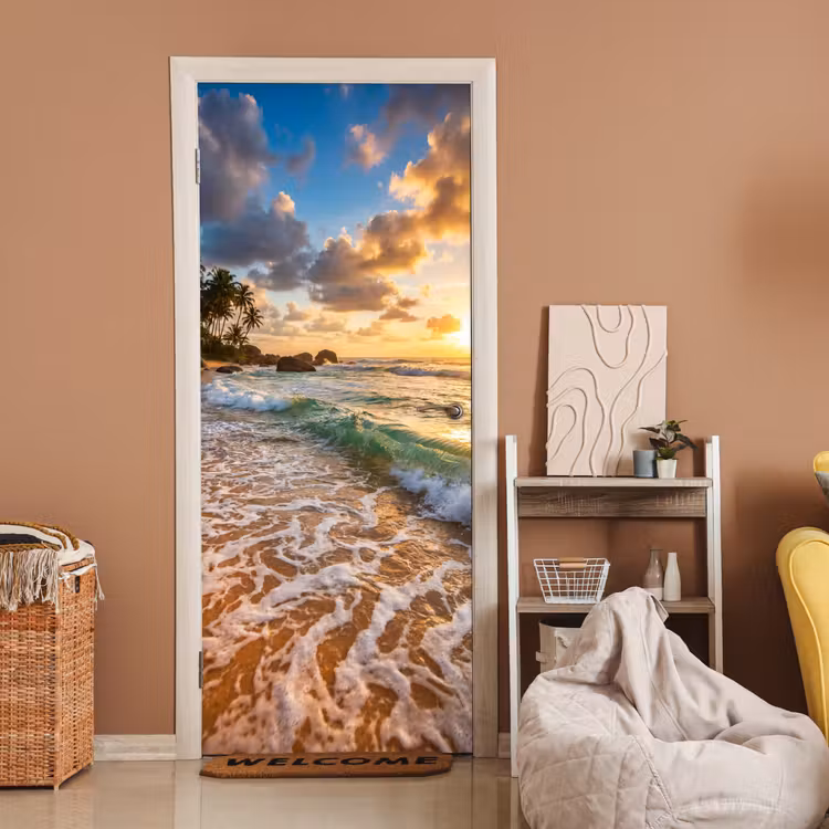 Strand - Zonsondergang - Golven - Natuur - Goud deurposter klein -sfeer1